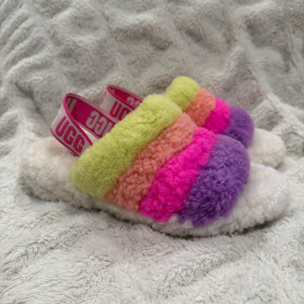 UGG Fluff Yeah Slide White Multi Rainbow Striped Women’s Size 8 Sandals